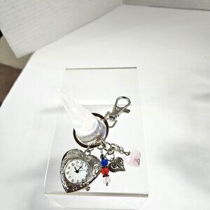 Purse Charm With Japanese Movement Quartz Heart-Shaped Watch & Crystal Charms